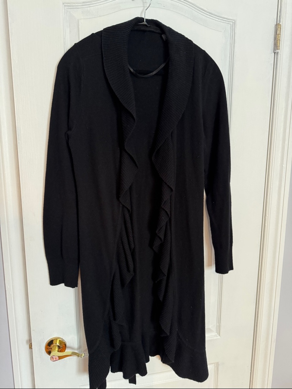 Esprit Belted Black Long Open-Front Ruffle-Trim Cardigan